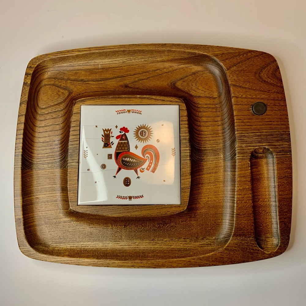 Vintage Wood Chicken Rooster Ceramic Tile Cheese Charcuterie Serving Tray Board